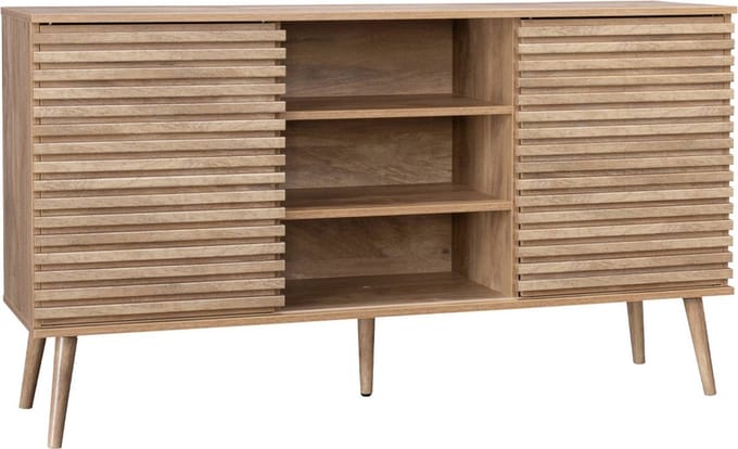 sweeek - Dressoir 2 schuifdeuren en planken gegroefde houtlook 140cm - madere
