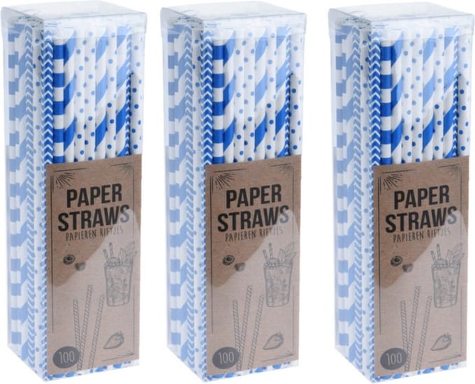 Excellent Houseware Papieren drinkrietjes - 300x - blauw - 20 cm