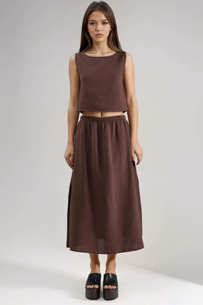 Crop Blouse en Rok met Sleuvendetails Muslin Tweedelige Set