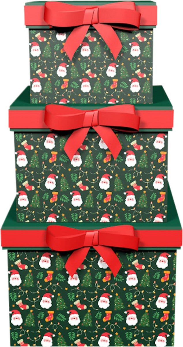 Dekoratief | Set 3 dozen vierkant 'Jolly Santa', 18x18x14cm | A245227