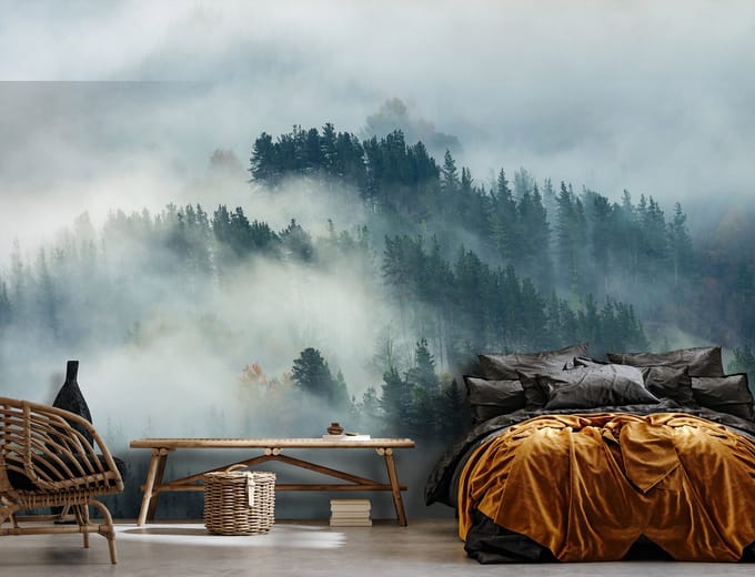 Fotobehang - Bomen - Mist - Bos - Landschap - Natuur - (368 x 254 cm)