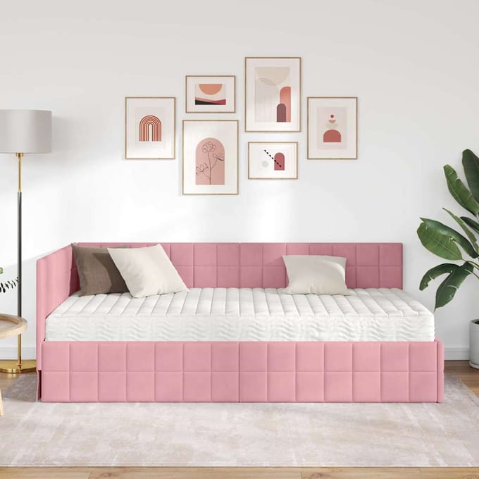 vidaXL - Hoekbedframe - met - Matras - 2 - st - Roze - 90 - x - 190 - cm - Fluweel
