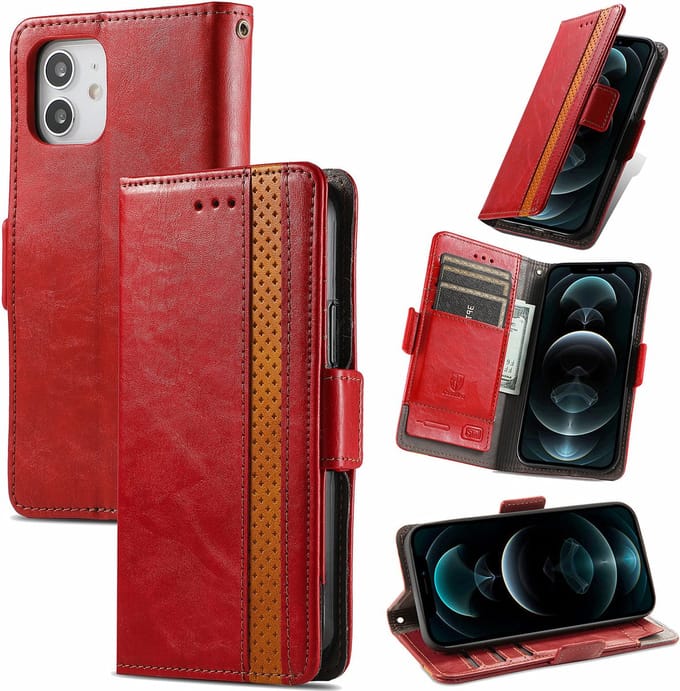 Stijlvol Tweekleurig PU-leer Wallet Flip Case + PMMA Screenprotector voor iPhone 12 Mini _ Rood