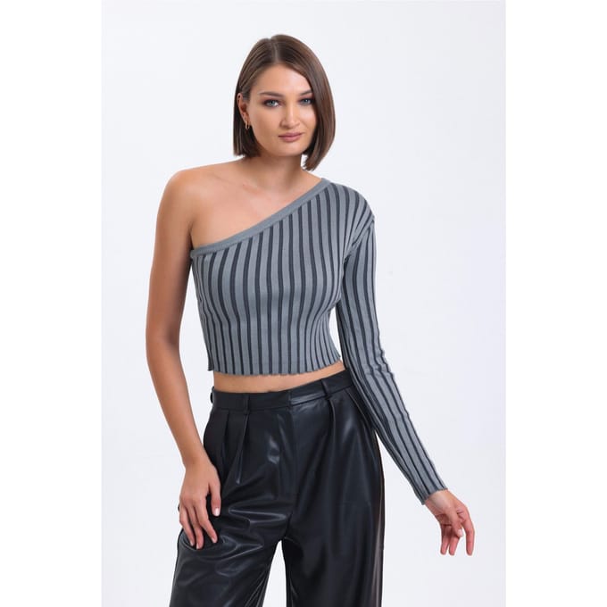 Gestreepte Een-Schouder Gebreide Ribbels Cropped Blouse