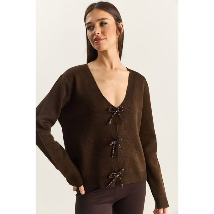 Geknoopte Gebreide V-hals Cardigan