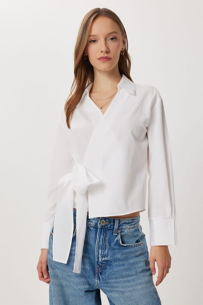 Double Breasted Poplin Blouse met Strikdetail