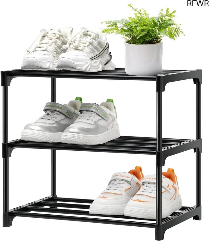 Shoe Rack, Stackable Small Shoe Rack 3 Levels, Food Storage, Slim Shoe Rack Storage Organizer, Black Shoe Stand for Hallway, Bedroom, Quick Assembly