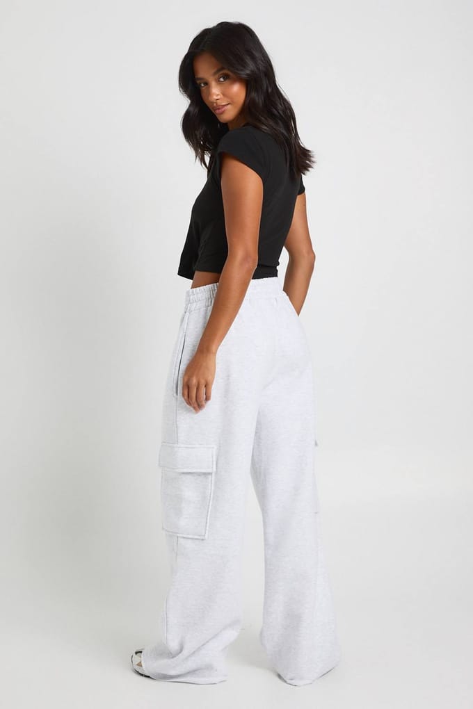 boohoo Dames Petite cargo joggers met wijde pijpen | Asgrijs | Maat: Medium