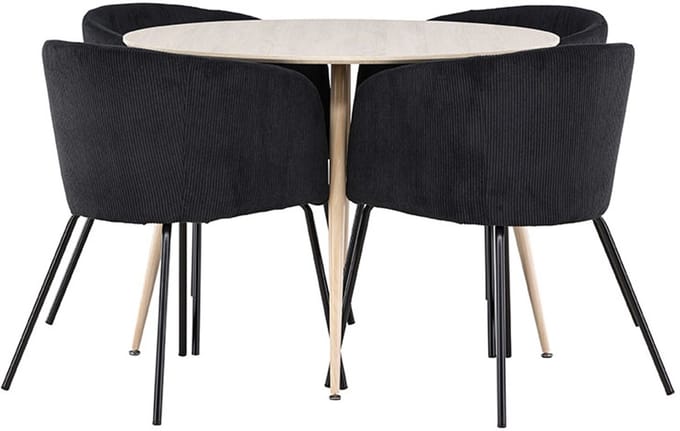 Plaza eethoek tafel Ø100cm en 4 fluwelen stoelen met armleuningen whitewash.
