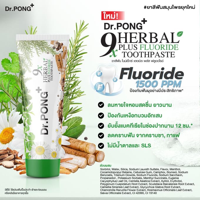Dr.PONG+ 9x Dentifrice au Fluor Herbal Plus 100 g. x 1 / 3 pièces 100 g. x 3 pcs beige