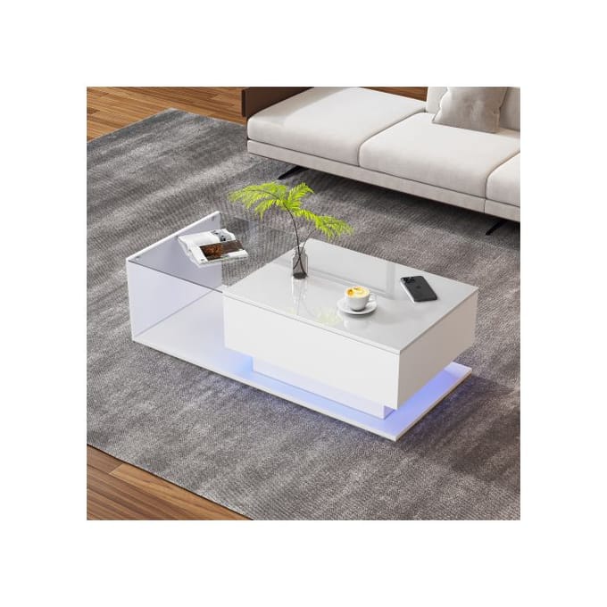 Salontafel - MUVOE - 100x50x32 cm - Hoogglans Wit - Gehard Glas - Geïntegreerde LED-verlichting wit