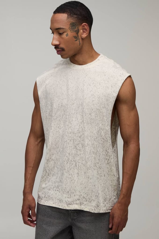 Ecru Oversized Spray Wash Tank Top | Size Large