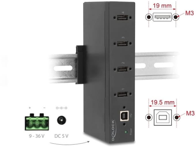 Delock Industry Hub 4 x USB 2.0 Type-A with 15 kV ESD protection and DIN rail mounting