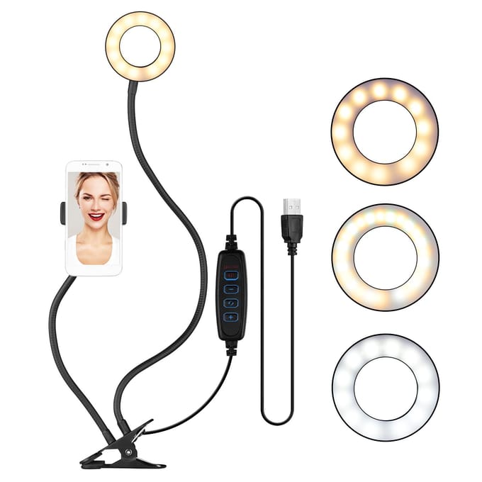 Webcam Lichtstatief 3,5 Inch Clip-On Mini USB Ringlamp 3 Verlichtingsmodi Dimbaar Flexibel zwart