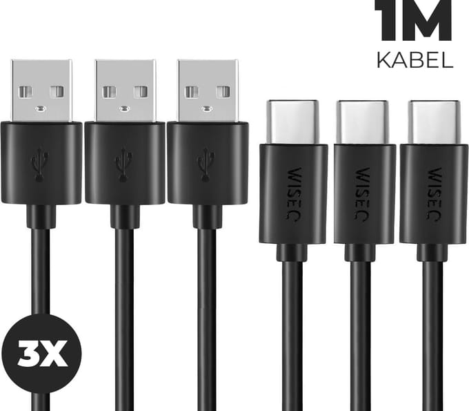 3x USB C kabel 1 meter - 3-pack USB naar USB C snellaadkabel - geschikt voor Samsung en iPhone 17 / 16 / 15 - zwart - WiseQ