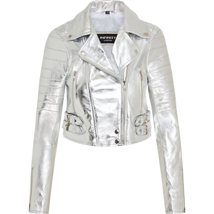 Dames zilveren cropped Brando leren bikerjack - Damascus
