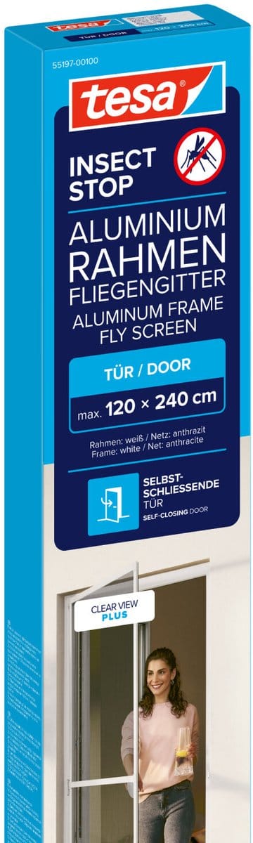 tesa INSECT STOP Aluminium For Doors Frame Fly Screen XL - hor met aluminium frame, helder zicht, wit - 120 x 240 cm