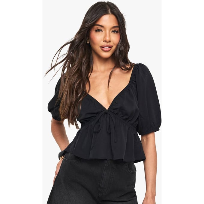 boohoo Dames Woven Puff Sleeve Smock Top | Black | Maat: Small