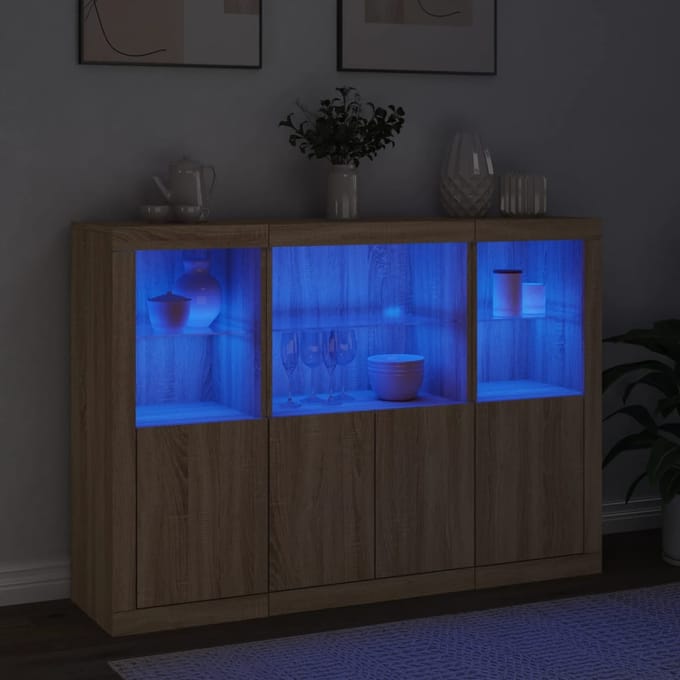 vidaXL - Dressoirs - met - LED-verlichting - 3 - st - bewerkt - hout - sonoma - eiken