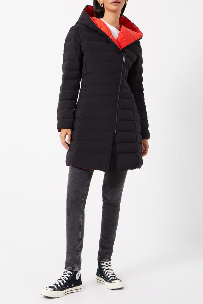 French Connection Iolani Midi Puffer Coat Black/setting Sun Taglia: 8 | Parka Outlet | Donna | Nero