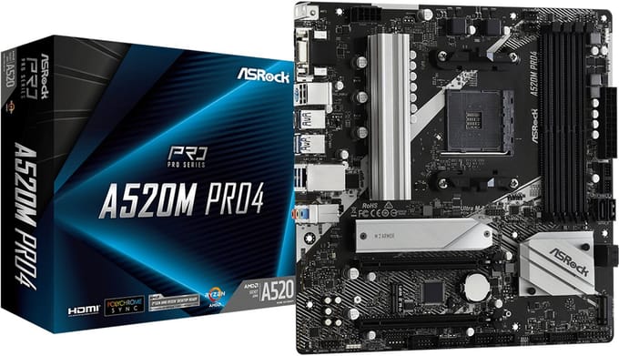 ASRock A520M Pro4 Moederbord – Socket AM4 – Micro-ATX – DDR4 – Dual M.2 – HDMI/VGA/DisplayPort – 7.1 Audio – AMD A520 Chipset