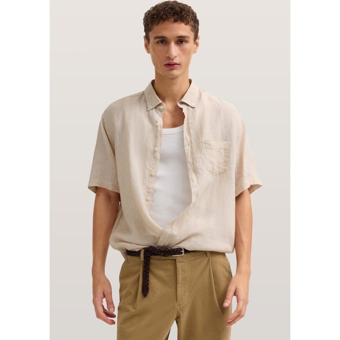 Bugatti Herren Korte mouwen shirt Modern Fit van linnen met button-down kraag