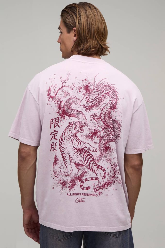 Oversized Tijger En Draak Grafisch Gewassen T-shirt | Pink | Size Large