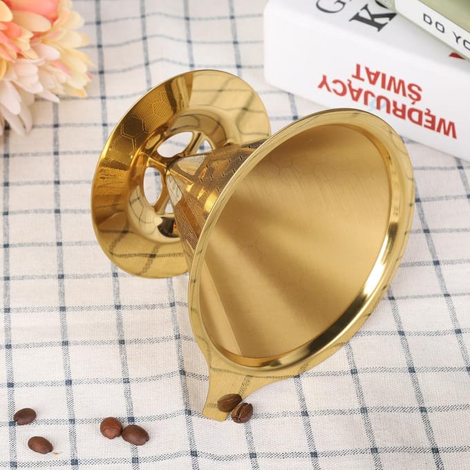Filtre à café réutilisable en acier inoxydable alvéolé doré pour infusion lente beige