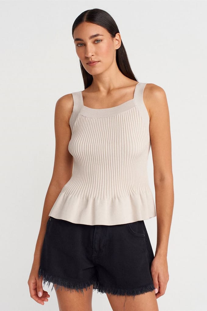 Aangesloten Geribbelde Mouwloze Blouse met Vierkante Halslijn