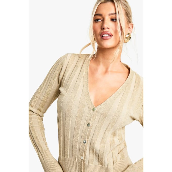 boohoo Dames Metallic Gold Dikke Geribbelde Gebreide Cardigan | Maat: Medium