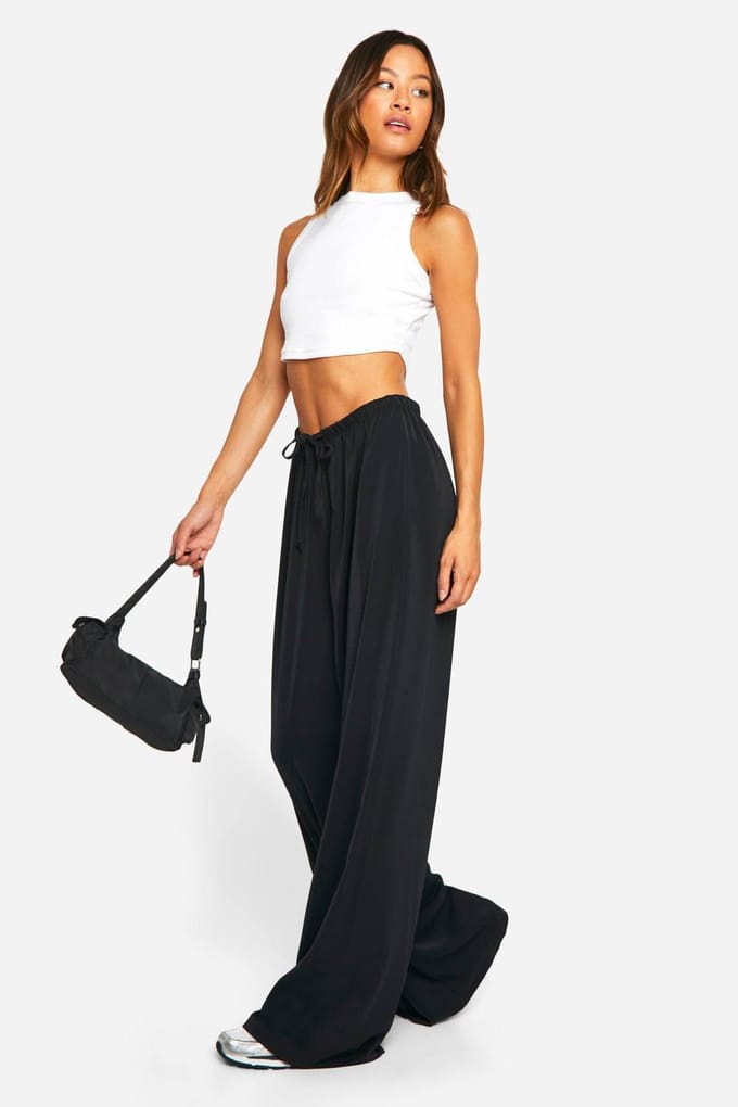 boohoo Dames Lange geweven wijde pijpbroeken | Zwart | Maat: 36