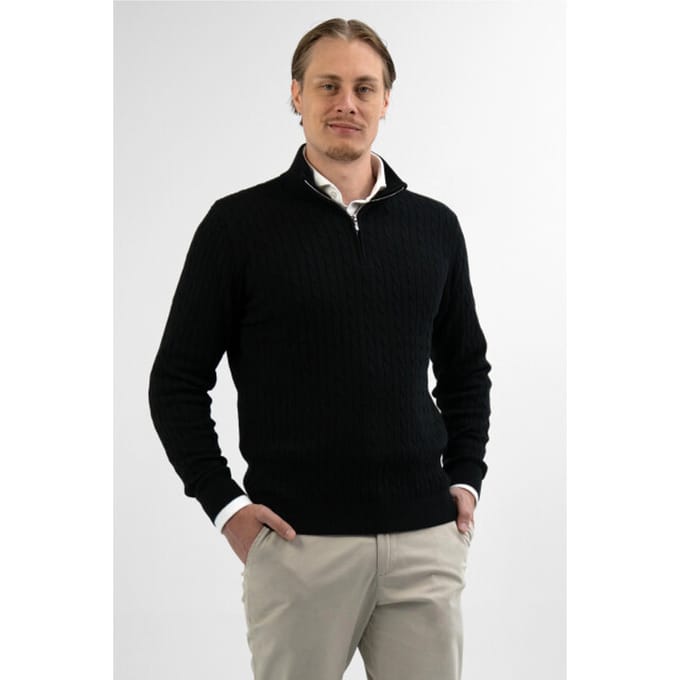 Vercate - Quarter Zip / Half Zip Trui - Cashmere / Kasjmier Blend - Kabeltrui / Pullover - Regular Fit - Zwart - Maat S