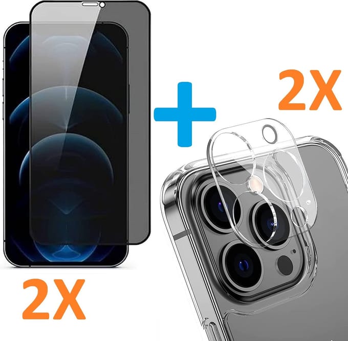 2X Privacy Scherm Tempered Glass Screen Protector Anti-Spy + 2X Camera lens Beschermer Transparant Geschikt voor: Apple iPhone 12 Pro