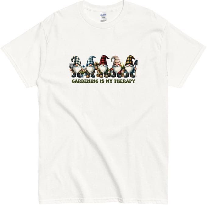 Dames en Heren T Shirt met Grappige Tuinier Gnomen Illustratie - Wit - L