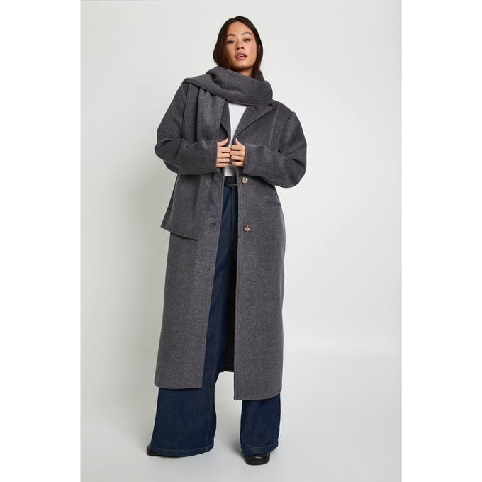boohoo Dames Lange wollen-look jas met sjaal | Charcoal | Maat: 10
