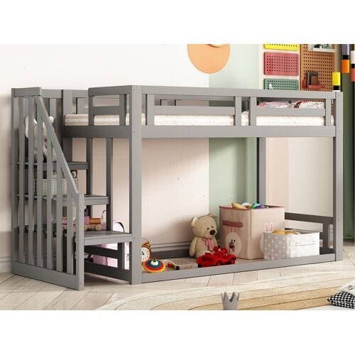 ModernLuxe Kinder hoogbed 90×200 cm - met trap en lattenbodem - grijs