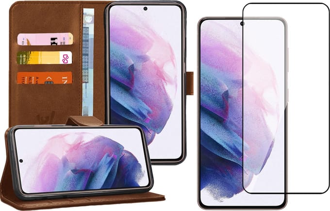 Hoesje geschikt voor Samsung Galaxy S21 - Screen Protector FullGuard - Book Case Kunstleer Pasjeshouder Bruin & Screenprotector