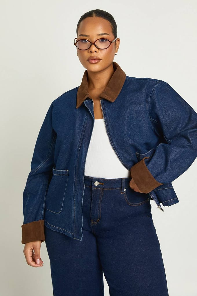 boohoo Dames Plus Denim Schuur Jas | Rinse | Maat: 16