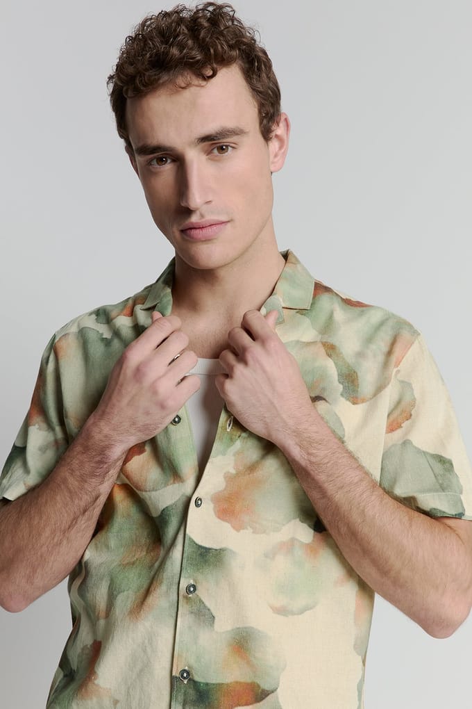 No Excess Shirt Short Sleeve Revers Collar Allover Printed With Linen  Maat: S | Casual Overhemden Outlet | Heren | Beige