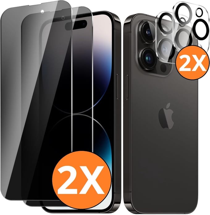 Privacy screenprotector Geschikt voor iPhone 14 Pro - screenprotector Privacy Met iPhone 14 Pro camera lens - Complete bescherming voor iPhone 14 Pro – scherm en camera in één set - 2X