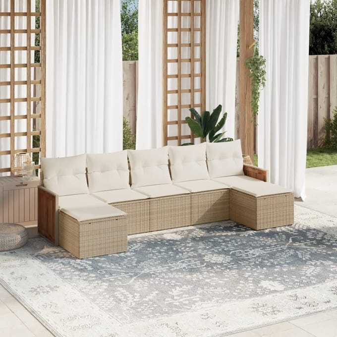 vidaXL - 7-delige - Loungeset - met - kussens - poly - rattan - beige