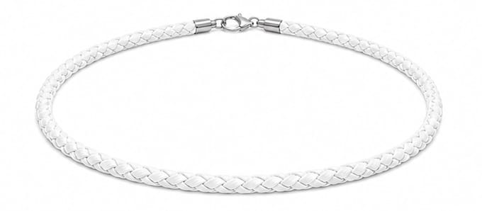 AuBor ®. Gevlochten leren ketting met zilveren sluiting. Wit. 4mm × 65cm