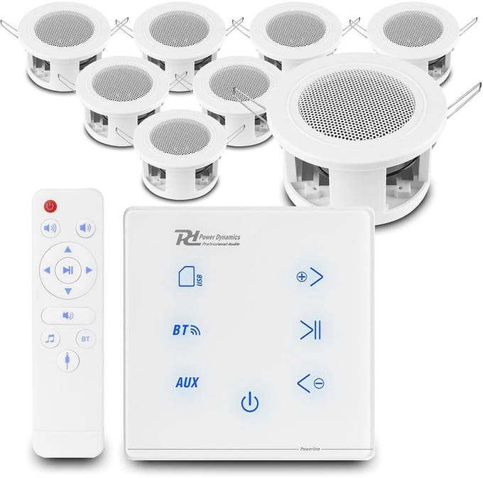 Power Dynamics set van 8 CSBA3L plafondspeakers met de A100W inbouw versterker - Bluetooth - 4x 20W