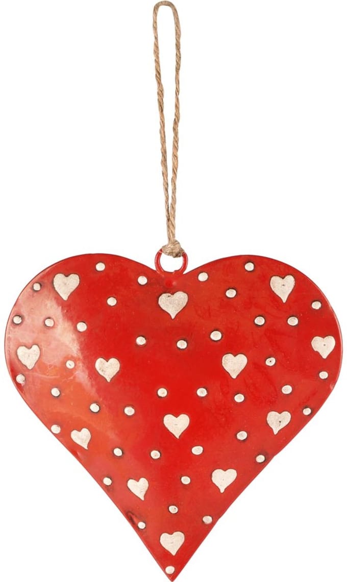 Dekoratief | Hanger hart 'Kerry Work', rood/wit, metaal, 10x1x10cm | A258154