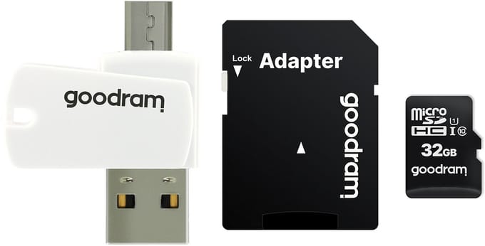GoodRam microSDHC Geheugenkaart, 32Gb, Klasse 10 / UHS-1 U1, Met Kaartlezer en Adapter M1A4-0320R12