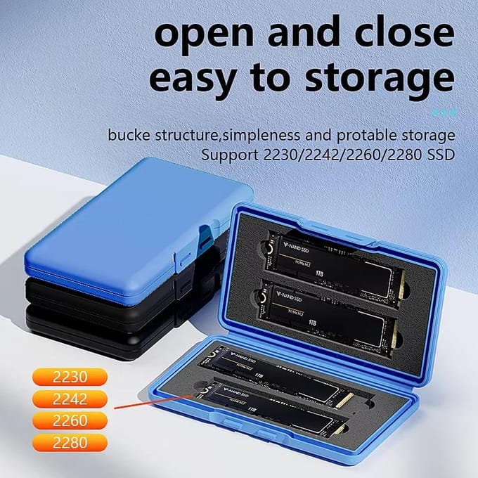 Boîtier de stockage pour SSD M.2 à 4 emplacements Boîtier 2280 pour SSD Sac pour boîtier SSD SATA NVme Boîte pour disque dur SSD Boîte portable antichoc pour SSD bleu
