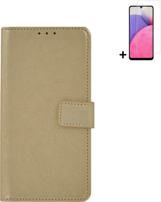 Geschikt voor Samsung Galaxy A33 5G Hoesje - Bookcase - A33 5G Screenprotector - A33 5G Hoes Wallet Book Case Goud + Screenprotector
