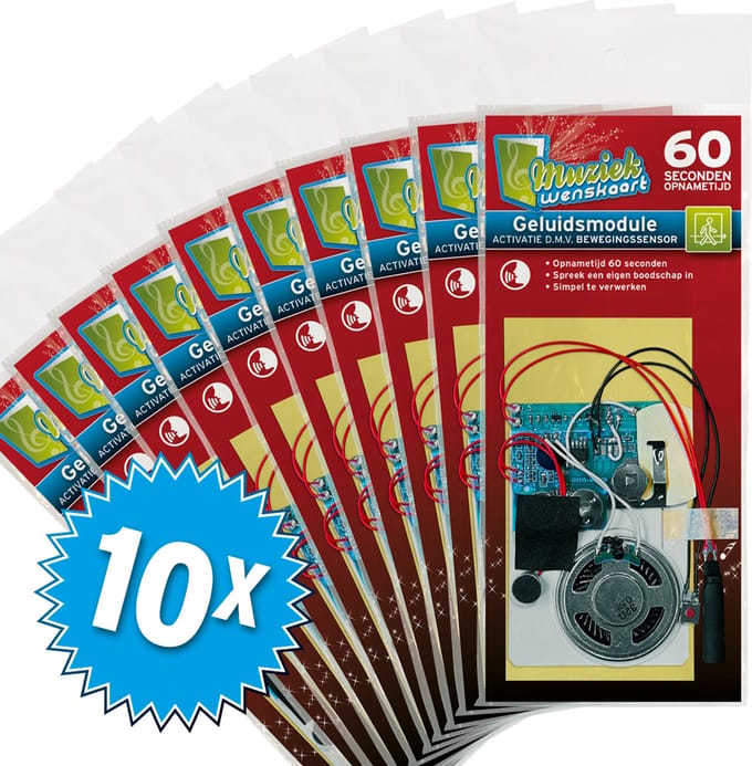 10x Geluidsmodule 60 sec. - geactiveerd door bewegingssensor - zelf opneembaar - spreek je eigen boodschap in - simpel te verwerken