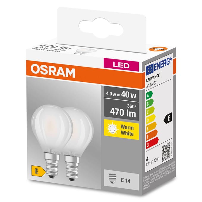 Osram LED spot - LED light bulb - shape: P45 - frosted finish - E14 - 4 W - warm white light - 2700 K (pack of 2) E14