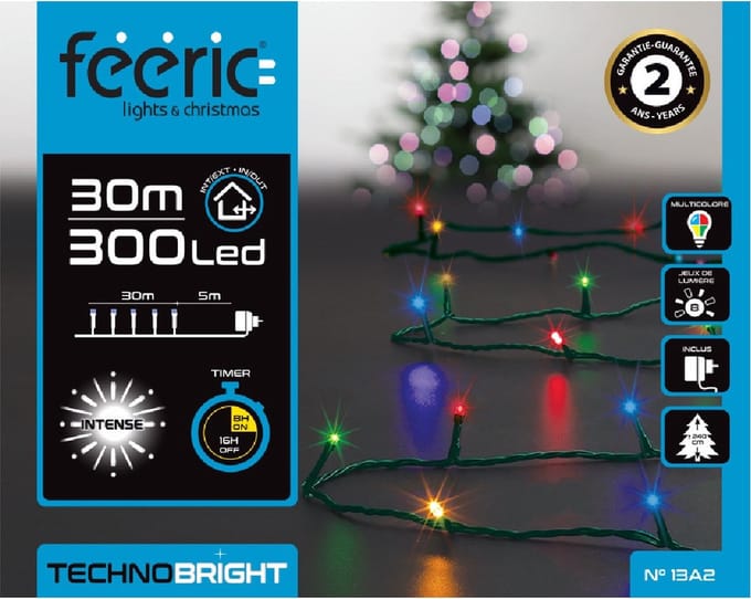 Feeric lights Kerstverlichting - gekleurd - 30 meter - 300 led lampjes - groen snoer